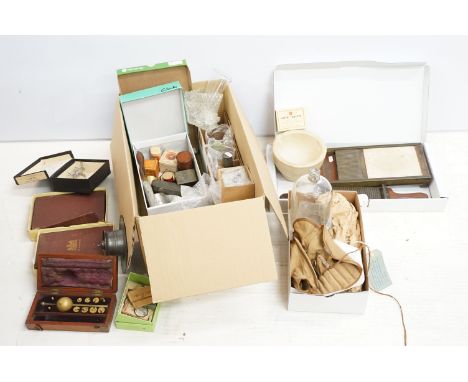 Selection of medical and pharmaceutical items, to include wood and brass pharmacy tools, exploring needles, glass bottles, me