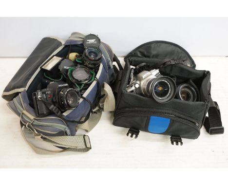 Selection of cameras 35mm SLRs and film cameras, Vivitar featuring Pentax P30 with three lenses and Minolta DYNAX 4 with two 