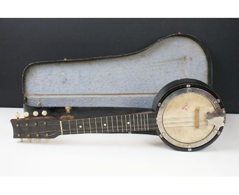 Mini Mandolin-banjo in case, no makers marks W 51.5cm
