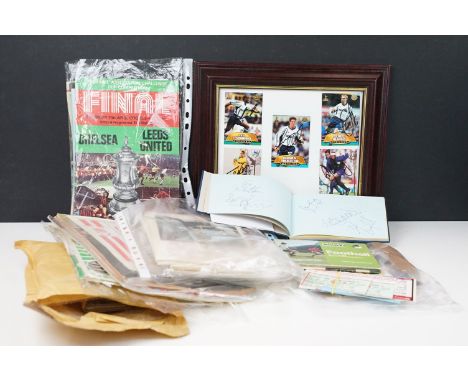 Collection of football related ephemera to include five framed signed football cards; Les Ferdinand, Teddy Sheringham, Darren