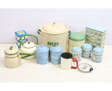 Large collection of vintage enamel ware and retro kitchenware to include Worcester ware tin caddies, enamel candle holder, Ta