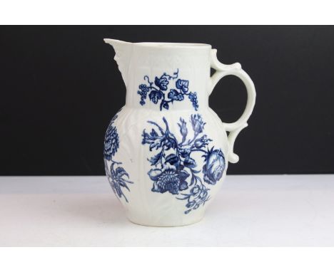 Royal Worcester late 18th century blue and white, cabbage leaf, handled jug with face to pouring spout, H 17cm, marked with c
