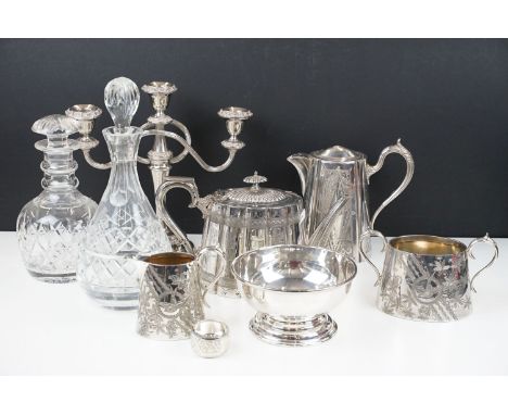 Large collection of Silver plated items to include swallow bird design sugar and milk jug, napkin ring, Coffee pot, bon bon b