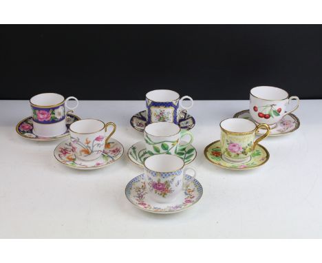 Selection of seven Royal Worcester cups and saucers to include 'Chamberlain Roses', 'Scale Blue', 'Persian Flowers', 'Amelia'