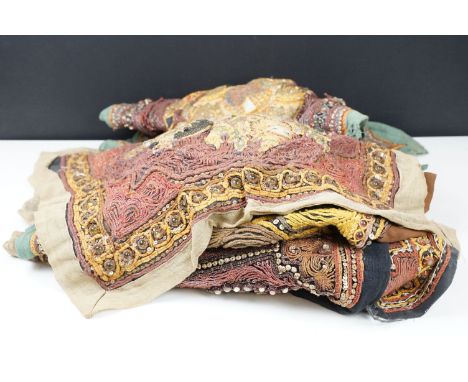 Thai textile tapestry pieces to include mounted warrior with metallic bead work, elephant with bead and sequin work in varyin