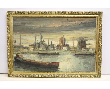 K Corbeau (20th century), an extensive river landscape with barges by a dockyard, oil on canvas, signed upper right, oil on c