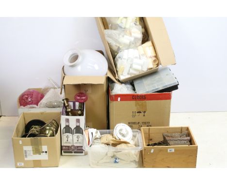 An extensive collection of oil lamp and lighting related fittings and accessories. The lot to include ceiling scones, wall br