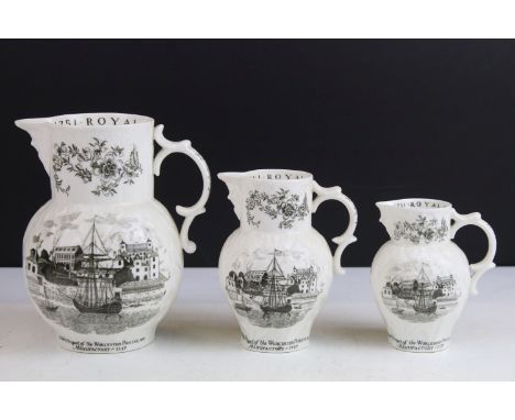 Trio of graduated sized Royal Worcester, 1951 Bicentenary commemoration jugs, reproductions of original mould first made in 1