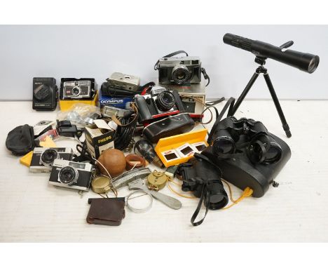 Cameras and photographic related items to include, binoculars, Sony Walkman, Practika SLR Nova IB, Canon Canonet range finder