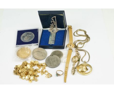 A small group of mixed collectables to include a 9ct gold cased ladies Rotary wristwatch, silver ingot pendant, coins...etc.