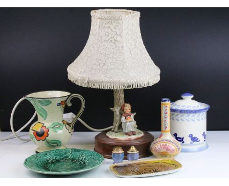 Mixed lot of ceramics including Goebel Hummel table lamp, Poole delphis dish, Art Deco jug, Moorland Chelsea works storage ja