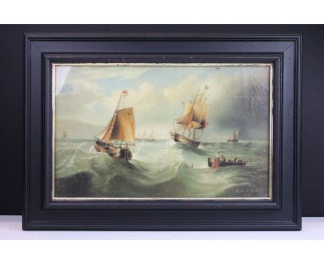 After George Alexander Napier (British, 1823 - 1869), ships on a stormy sea, oleograph, 24 x 39.5cm, framed and glazed