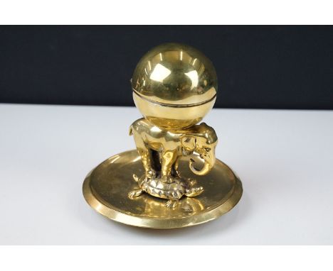 Antique brass inkwell figural with elephant, turtle and sphere, hinged lift top lid, ceramic inkwell, H 15cm
