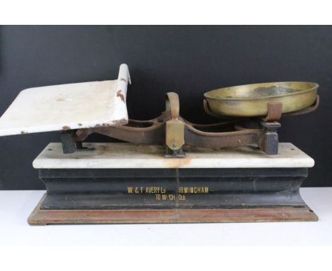 Large W &amp; T Avery Ltd, Birmingham, To weigh 40lb, vintage grocer's weighing scales with marble base and enamel shelf and 