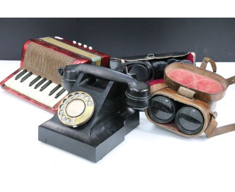 Vintage items to include AEP Bakelite rotary dial up telephone, Hohner Mignon accordion and two pairs of binoculars in cases