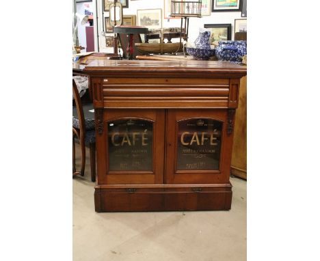Late 19th century mahogany chiffonier, with intricate inlaid top above on frieze drawer, above a pair of glazed doors, each p