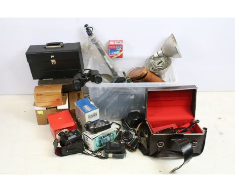 Large quantity of cameras and accessories to include lighting, binoculars, carry cases, Praktica LTL, Olympus Zuiko 35mm, Han