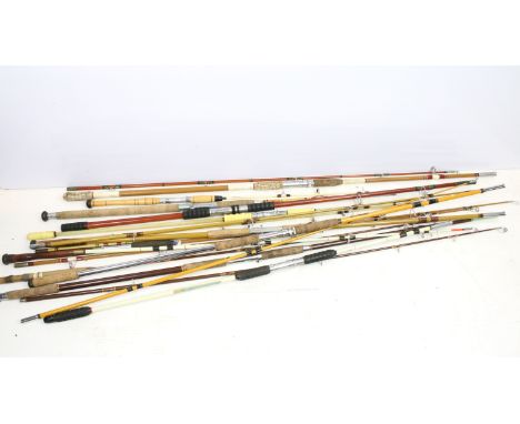 Vintage selection of fishing rods to include, Canadian Major Rod 502, Elastiglas Marco, The Dover Sea Rod, Gladding Sealey Se