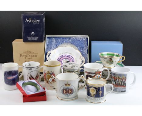 Selection of ceramics to include Coalport Coronation plate, Royal Doulton crystal Prince Andrew glass mug, Aynsley Jubilee ta