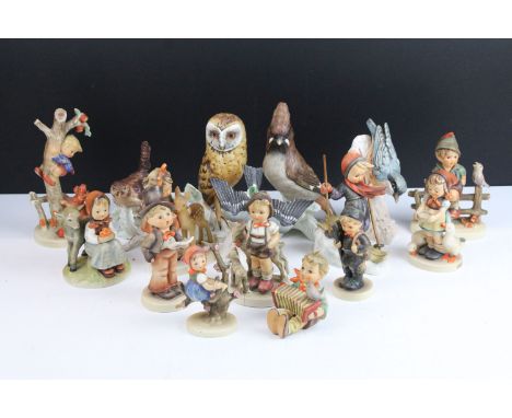 Collection of Goebel ceramic figurines and birds to include Barn owl, Nuthatch, Bullfinch, Wren, Waxwing, boy with song sheet