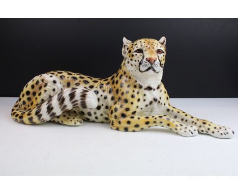 Mid century Ronzan Italian ceramic cheetah in poised lying position, marked 1566 to base, approx. H 22cm, W 55cm, D 20cm