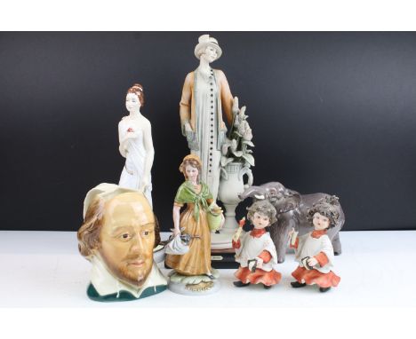 Selection of figurines to include a pair of Capodimonte ceramic altar boys H 12cm, Beswick high gloss elephant, H 12cm, Capod