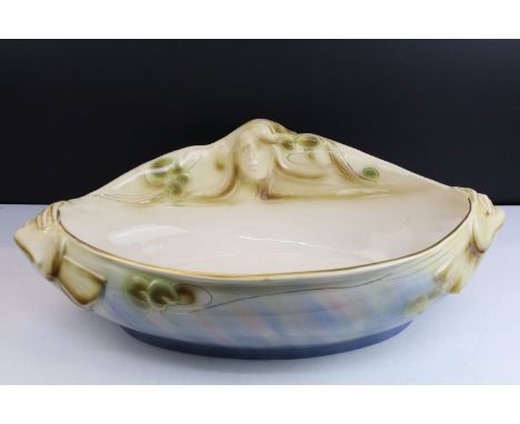 Large J Dune, marked to base, Franz Anton Mehlem style ceramic Art Nouveau lady and fish wash basin bowl, W 57cm