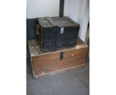 Two vintage military wooden trunks to include a planked black painted example complete with tools within. Tools to include a 