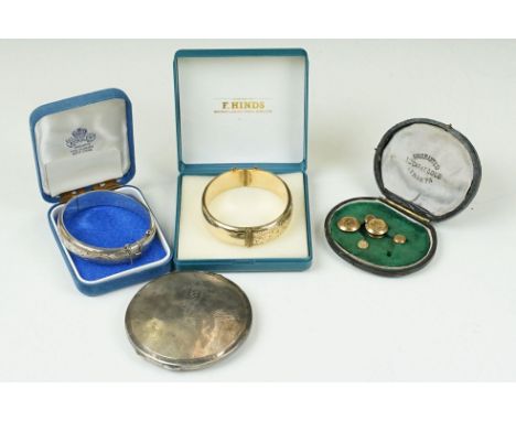 A small group of collectables to include a hallmarked silver bangle, 9ct gold &amp; metal core bangle, hallmarked silver powd