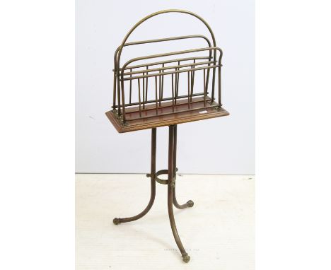 Early 20th century brass and mahogany magazine rack, on tubular copper and brass mounted tripod base, 78cm high x 36cm wide x