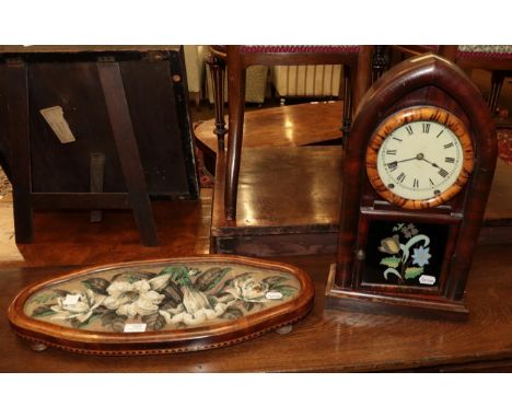 A Victorian glazed wood tray, shaped oval and on bun feet, the glazed panel over a flower and foliage bead work panel, 60cm l