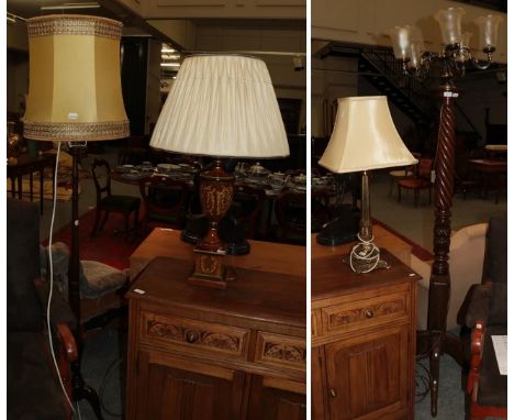 Carved mahogany standard lamp (adapted), a mahogany tripod standard lamp, a brass Corinthian column table lamp, a modern Camp