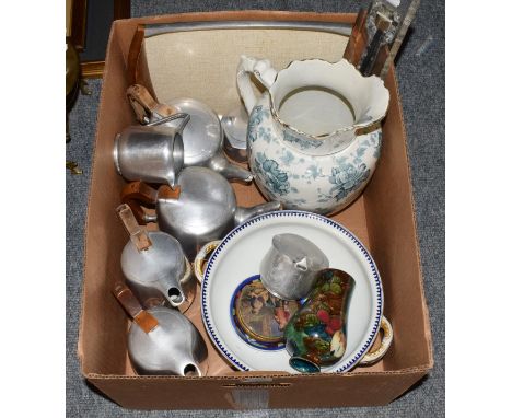 A brass Arts &amp; Crafts kettle on stand, 28cm high, a six-piece Picquot ware tea and coffee service, together with a matchi