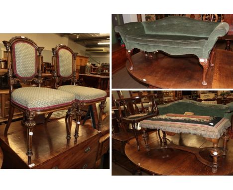 A pair of late 19th/early 20th century upholstered chair on fluted legs, a small scroll end sofa on cabriole legs, 116cm wide