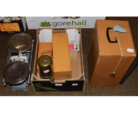 Pearl Opidplast microscope and slides, together with Griffin scales, two sets of weights (1g-2kg) and a miner's lamp