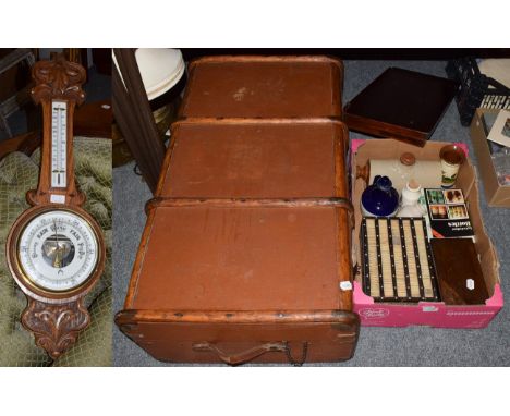 A 19th century porcupine quill box, oak wheel barometer, travelling trunk, 19th century stoneware jars, puzzle box, etc 