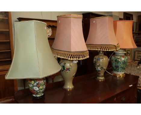 A pair of modern cloisonne enamel table lamps with shades, a large modern Chinese famille verte decorated vase table lamp wit