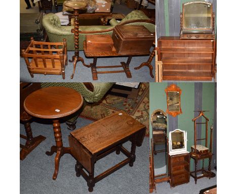 A quantity of furniture to include two bookcases; 1920's toilet mirror; cheval mirror; two wall mirrors; a toilet mirror; an 