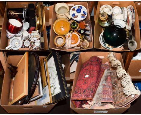 A quantity of decorative and household ceramics including Masons Ironstone, earthenware jars and covers, an oil lamp (lacking