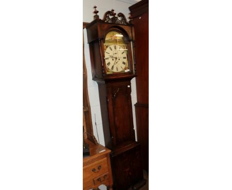 An oak painted white dial eight-day long case clock, signed R. Turnbull, Wooler, early 19th century 