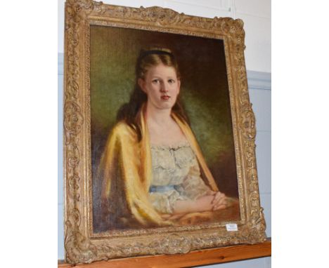 Scottish School (20th century), portrait of a young girl in a yellow shawl, oil on canvas board, 61cm by 45.5cm   Provenance: