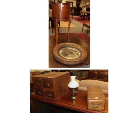 A convex mirror, Edwardian planter, small oil lamp and model of a sail boat, together with oak filing drawers 
