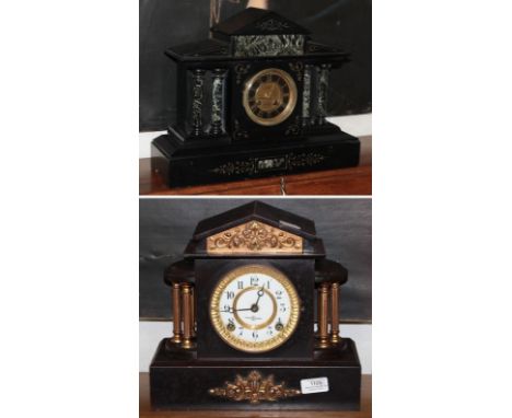 A Victorian black slate and marble striking mantel clock and a black painted metal striking mantle clock (2)
