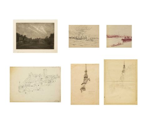 Douglas Ion SMART (1879-1970) 5 drawings and 1 mezzotint   Repairs to S.T. John Wilson, London, conte on paper, signed and in