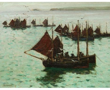 Robert Langley HUTTON (1883-1919) Fishing Fleet, St Ives  Oil on canvas, signed, 39 x 49cm, 56 x 67cm framed.This bright work