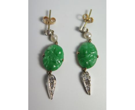 A Pair of Chinese Jadeite Jade, Pearl and Diamond Pendant Earrings, 38mm drop Sold with The Gem &amp; pearl Laboratory Report