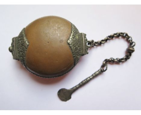 A Seventeenth / Eighteenth Century Copper and Steel Hinged Opium Snuff Box with chain and shovel, the steel fittings with scr