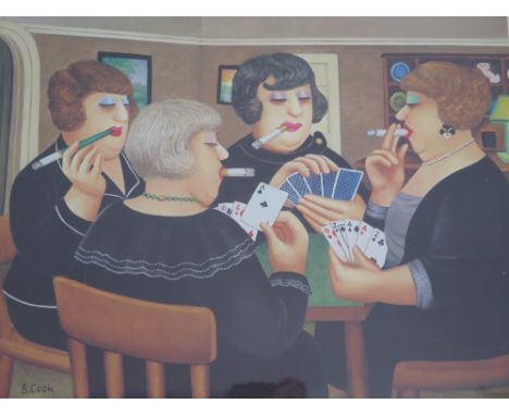 Beryl Cook, Print of smoking ladies playing cards, published by Alexander Gallery Publications Ltd. Bristol, 53x42cm, F&G. Bl