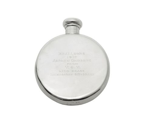 A Presentation Silver Spirit Flask By Asprey &amp; Co. Ltd., London Silver Hallmarks For 1912Of circular form with threaded c