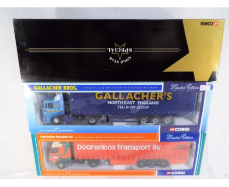 Corgi - 3 diecast 1:50 scale diecast models MAN curtainside, Gallacher Bros # 75803, Volvo FH12 Curtainside, De Boer # CC1240